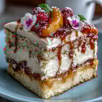 Vibrant spring sheet cake with lemon curd filling and whipped cream frosting, decorated with fresh berries and edible flowers.