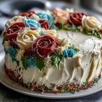 Graduation sheet cake with buttercream roses, a festive vanilla cake topped with colorful piped roses for a celebratory dessert centerpiece.  