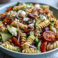 Vibrant summer pasta salad with cherry tomatoes, cucumber, and Italian dressing, perfect for picnics or quick lunches.