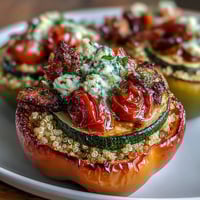 Quinoa Stuffed Bell Peppers filled with roasted vegetables and goat cheese, baked until tender and golden, perfect for a healthy vegetarian dinner.