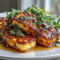 Crispy golden halloumi cheese drizzled with sweet and spicy chili-infused honey, served over fresh arugula for a Mediterranean appetizer.