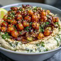 Crispy chickpea bowls with spiced roasted chickpeas, creamy hummus, and colorful grilled vegetables.  