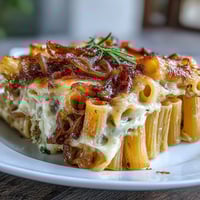 French Onion Pasta Bake with caramelized onions and Gruyère cheese bubbling in a golden, baked casserole.