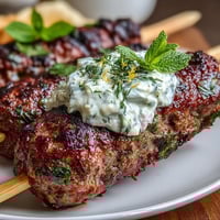 Grilled lamb kofta skewers seasoned with cumin and coriander, served with creamy tzatziki sauce and fresh herbs.  
