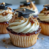 Festive vanilla Graduation Cupcakes with edible black and gold fondant caps.