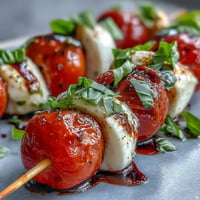 Caprese skewers appetizer glistening with balsamic drizzle, bursting with fresh basil and mozzarella.